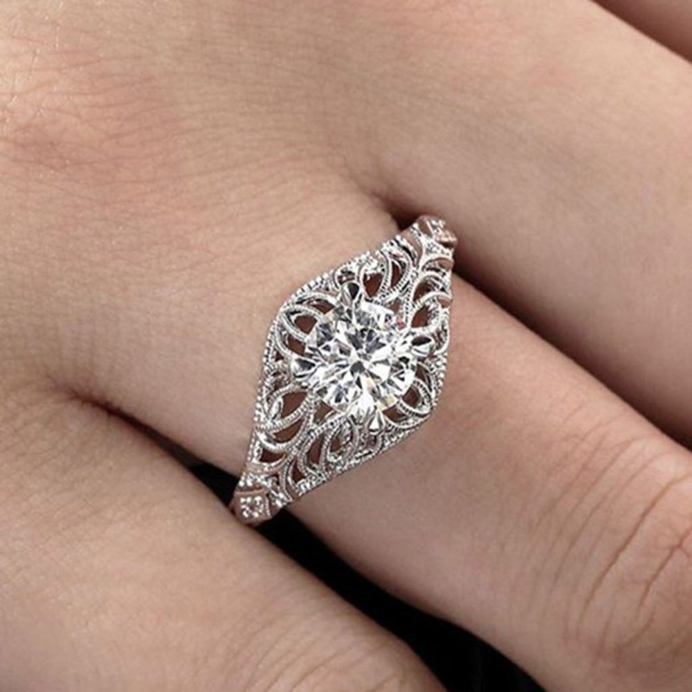 🍁 Dainty Zircon Pattern Hollow Carved Silver Vintage Rings for WomenEVGG1583
